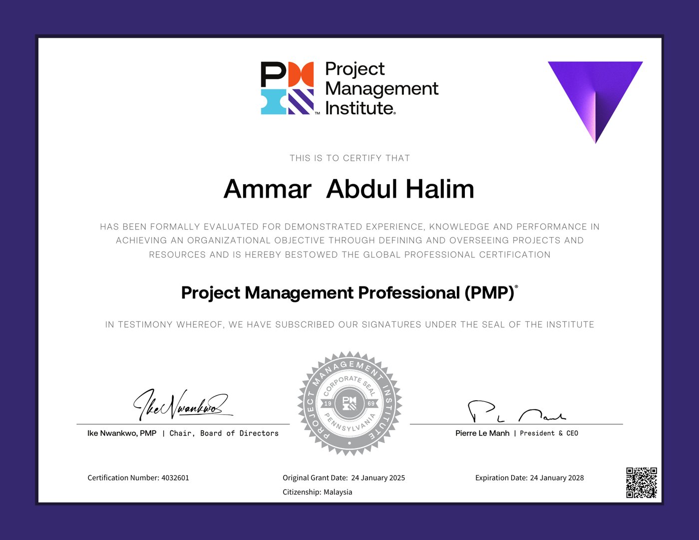 PMP certificate of Ammar Abdul Halim, Certification Number 4032601